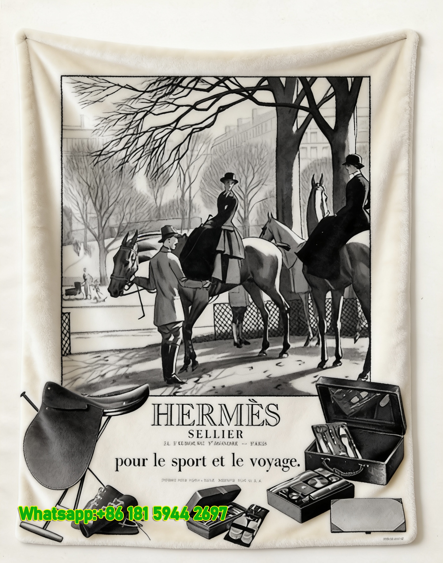 Hermès Vintage Equestrian Sport Print Flannel Throw Blanket IMG_5126